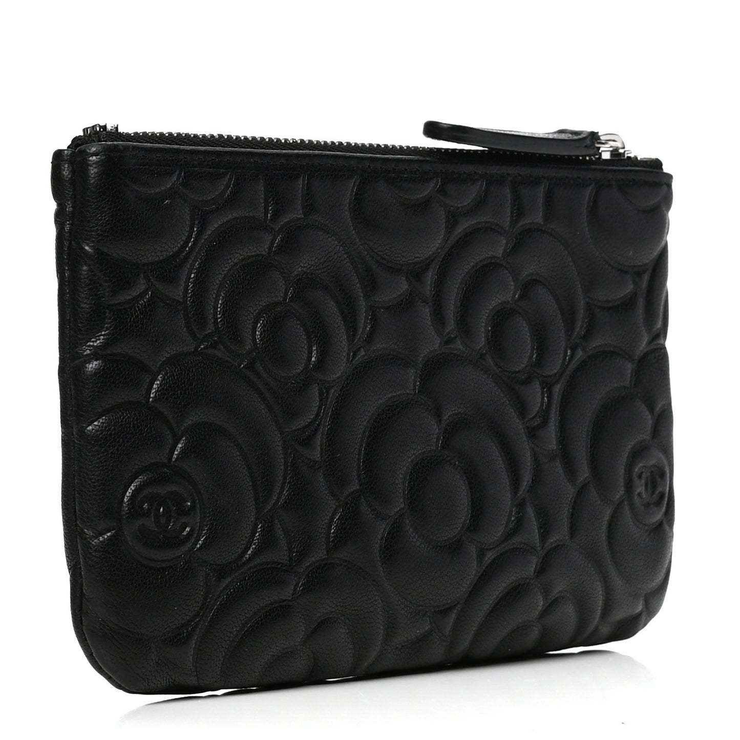 Goatskin Camellia Embossed Cosmetic Pouch Black