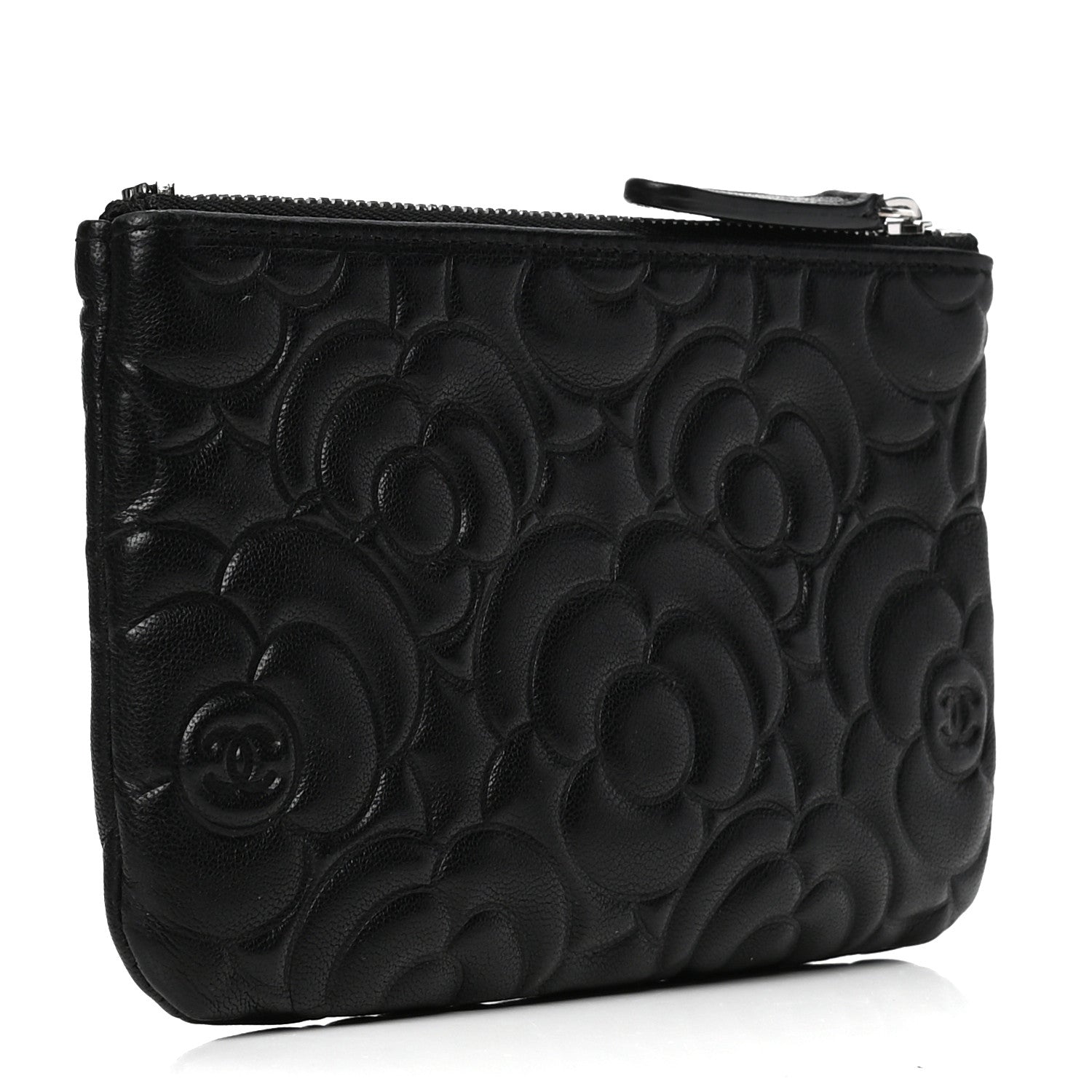 Chanel Goatskin Camellia Embossed Cosmetic Pouch Black 2 of 6