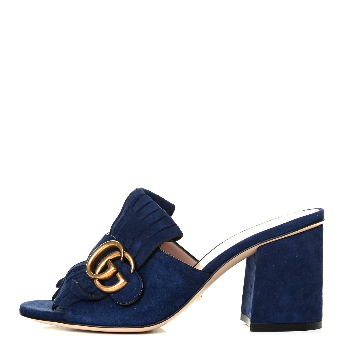 Gucci Kid Scamosciato GG Marmont Fringe 75mm Slide Sandals 36 Blue Ink 1 of 7