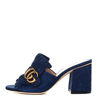 Gucci Kid Scamosciato GG Marmont Fringe 75mm Slide Sandals 36 Blue Ink 1 of 7