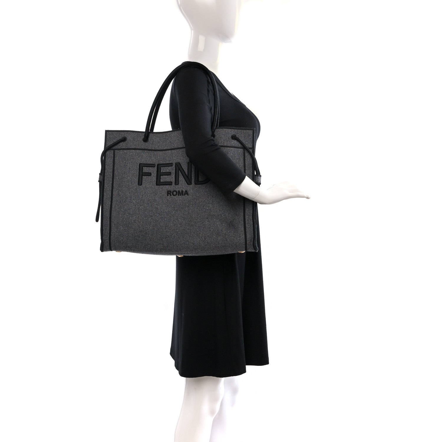 Fendi Melange Flannel Satin Logo Embroidered Threaded Edge Shopping Tote Grigio Black 2 of 9