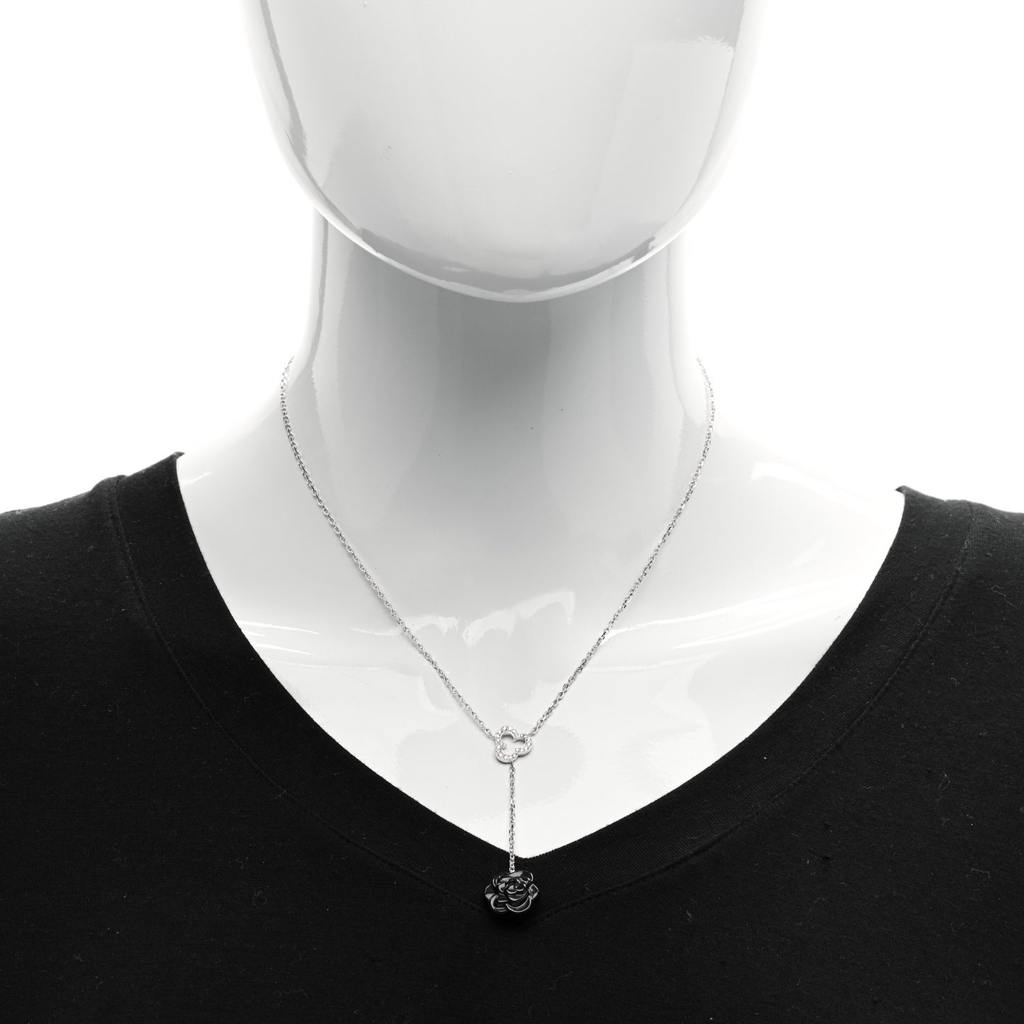 18K White Gold Diamond Black Onyx Camelia Sculpte Drop Pendant Necklace
