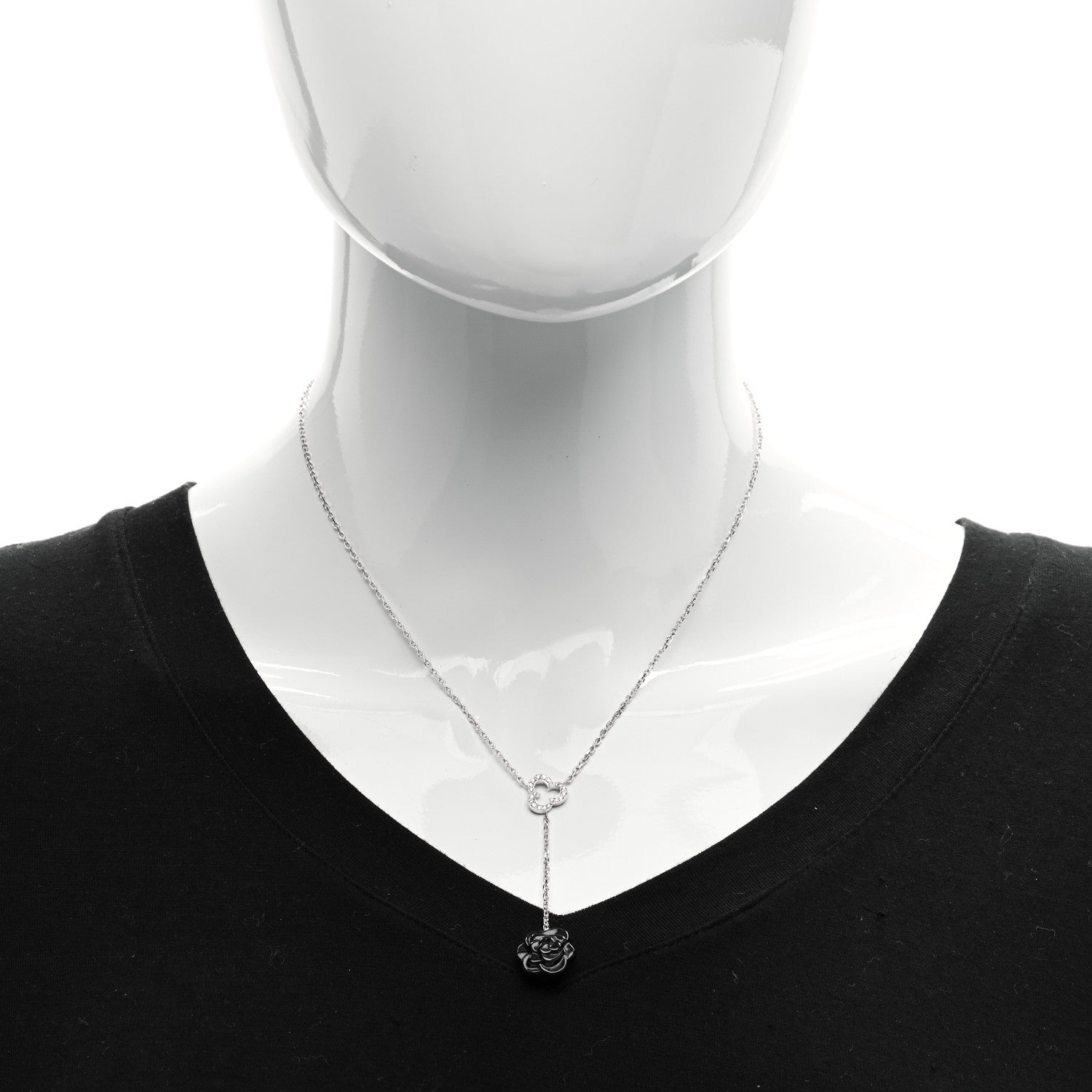 Chanel 18K White Gold Diamond Black Onyx Camelia Sculpte Drop Pendant Necklace 2 of 5