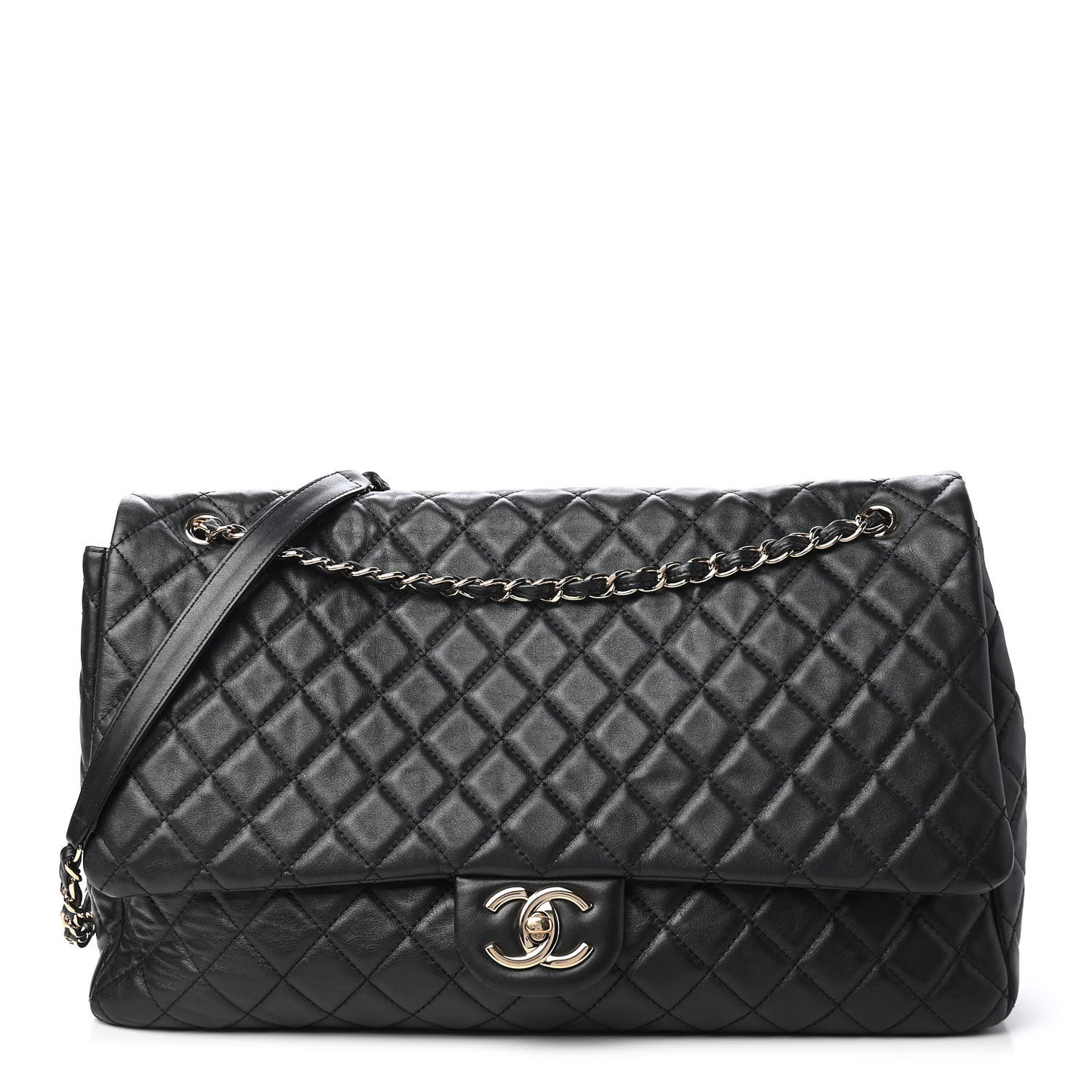Calfskin Quilted XXL Travel Flap Bag Black