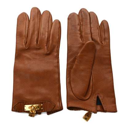 Hermes Lambskin Soya Kelly Lock Gloves 7 Gold 1 of 5