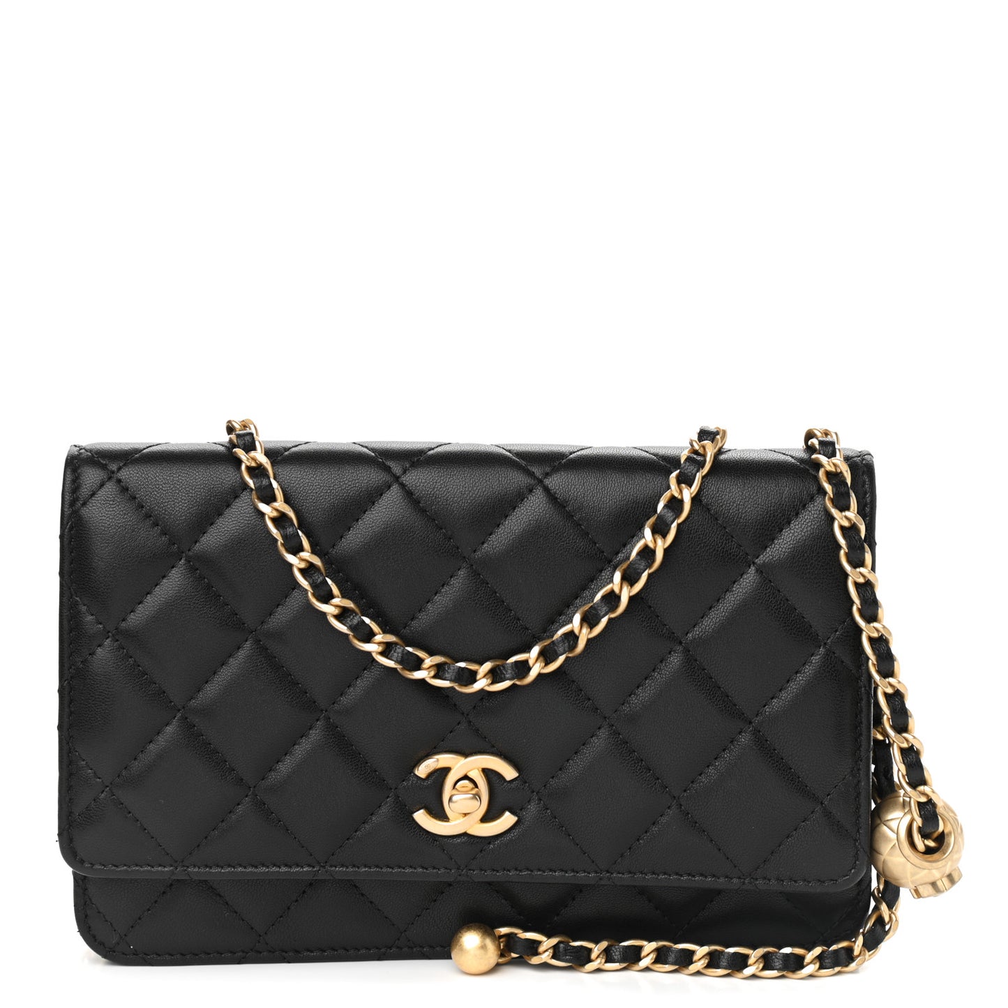 Lambskin Quilted CC Pearl Crush Wallet on Chain WOC Black