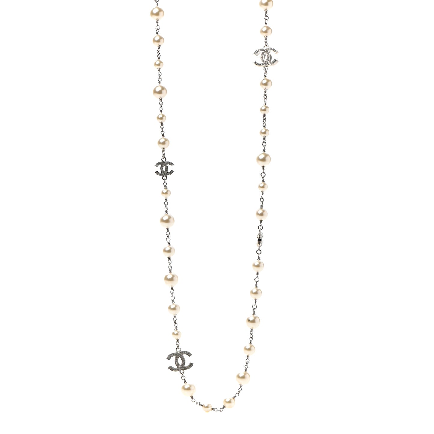 Graduated Pearl Crystal CC Long Necklace Silver