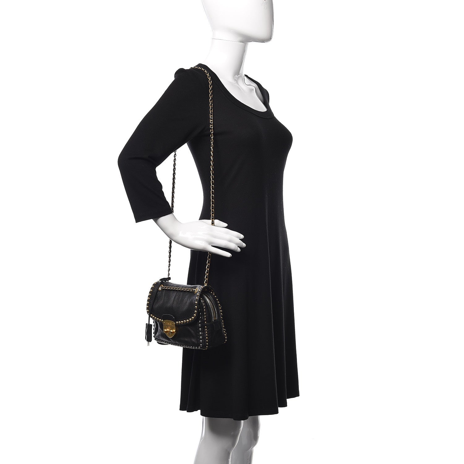 Prada Glace Calf Studded Pushlock Chain Shoulder Bag Black 2 of 11