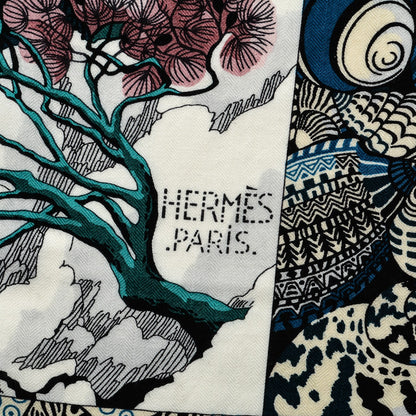 Hermes Cashmere Silk Sieste Au Paradis Shawl 140 Blanc Vert Rose 3 of 5