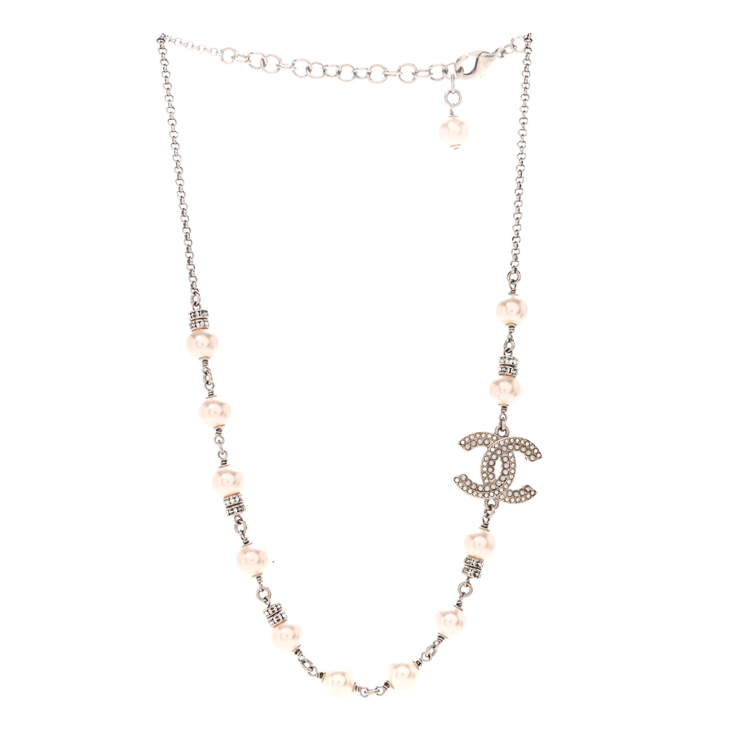 Pearl Crystal CC Choker Necklace Silver