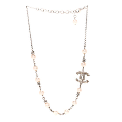 Chanel Pearl Crystal CC Choker Necklace Silver 1 of 7