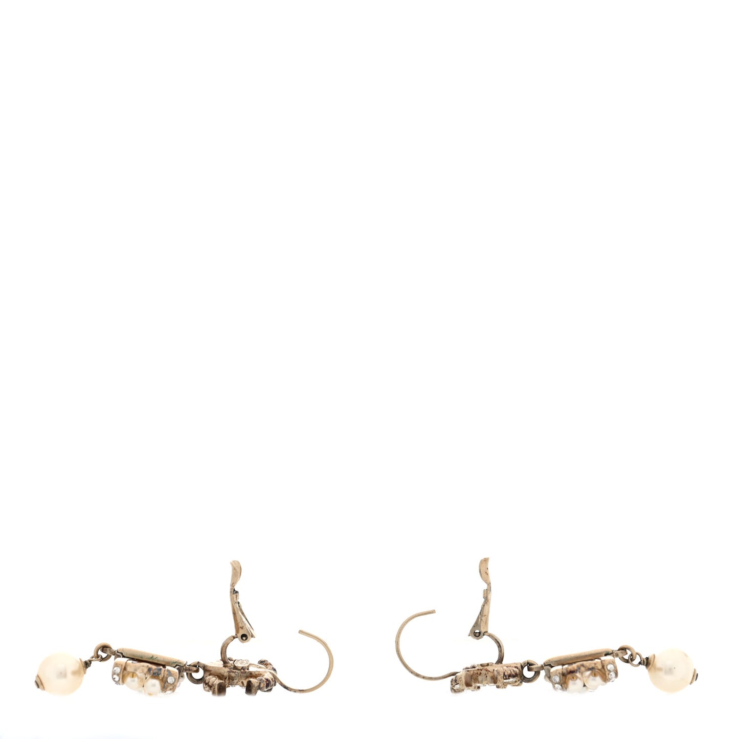CC Crystal Pearl Bow Drop Clip On Earrings Gold