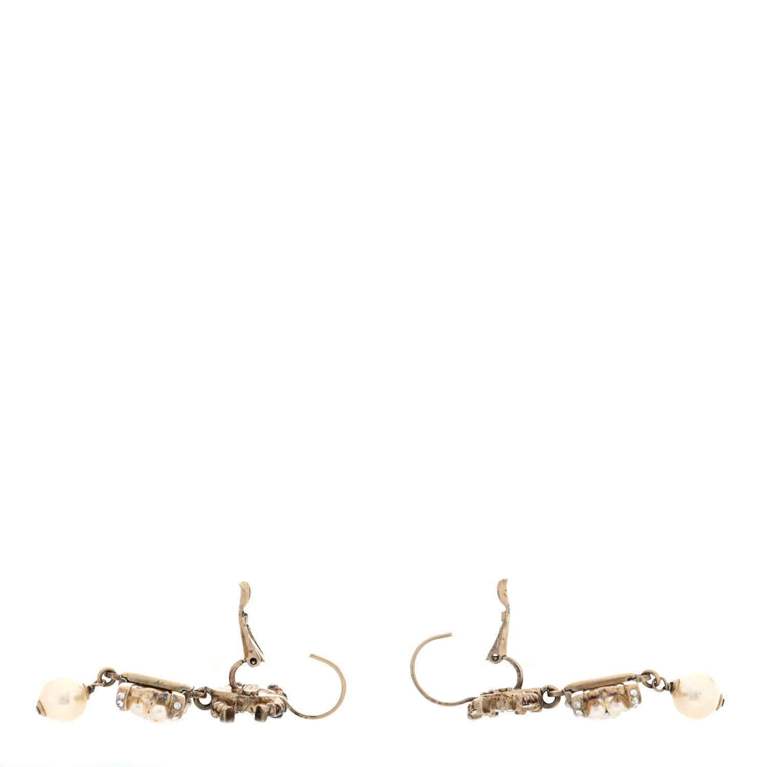 Chanel CC Crystal Pearl Bow Drop Clip On Earrings Gold 3 of 4
