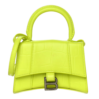Balenciaga Semi Shiny Calfskin Crocodile Embossed Hourglass Top Handle Bag Mini Fluo Yellow 1 of 18