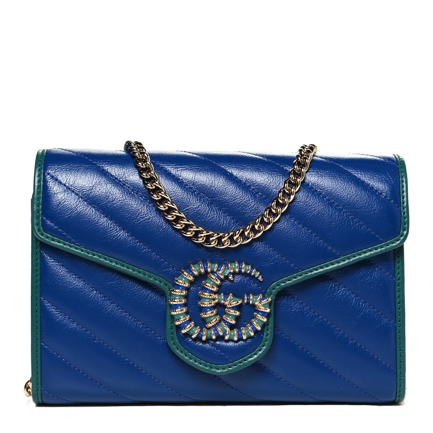 Azalea Calfskin Enamel Matelasse Diagonal Torchon GG Marmont Chain Wallet Imperial Blue Pavone