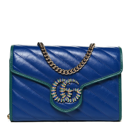 Gucci Azalea Calfskin Enamel Matelasse Diagonal Torchon GG Marmont Chain Wallet Imperial Blue Pavone 1 of 9