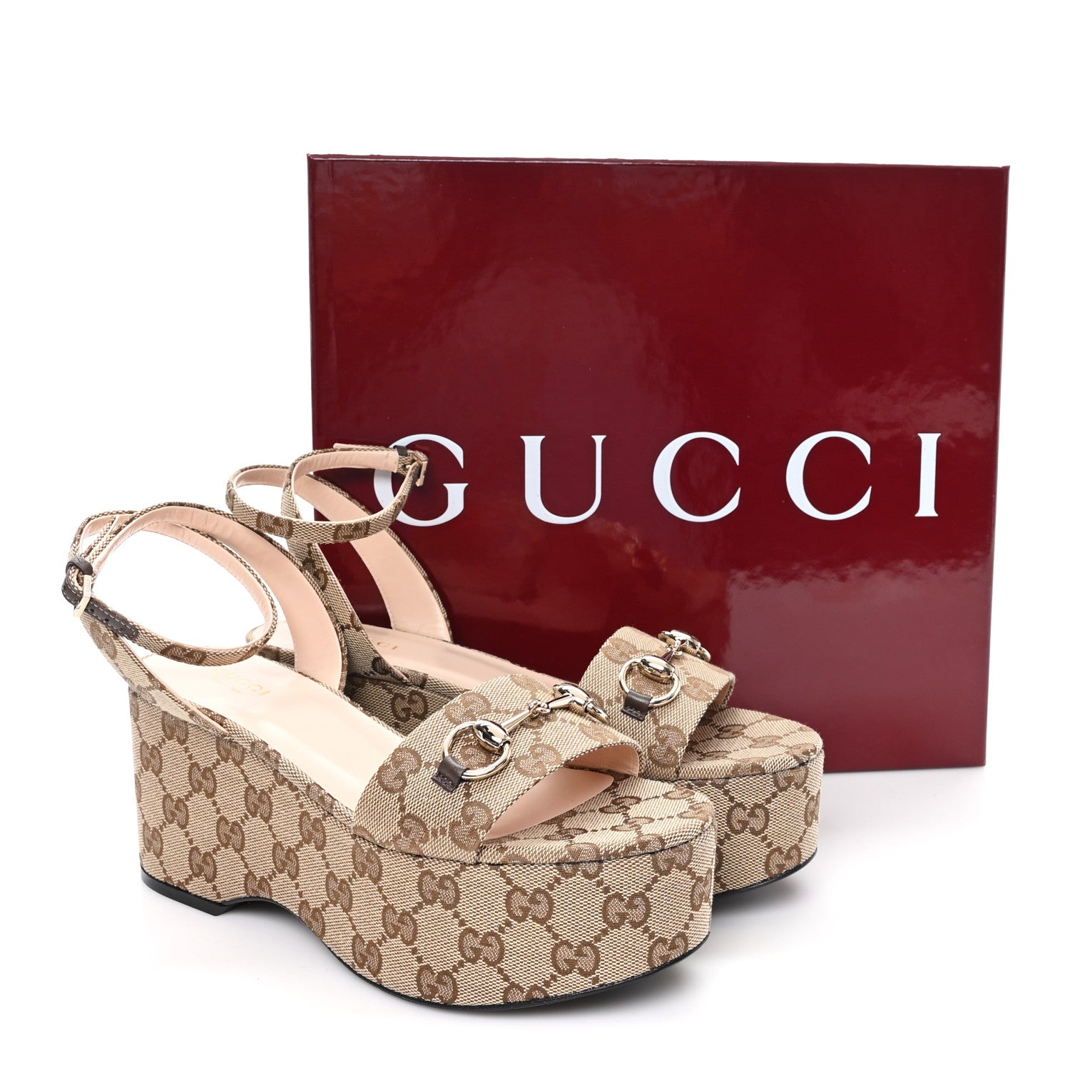 Gucci Monogram Nappa Chalotte Horsebit Ankle Strap 75mm Flatform Sandals 37 Beige Ebony 9 of 10