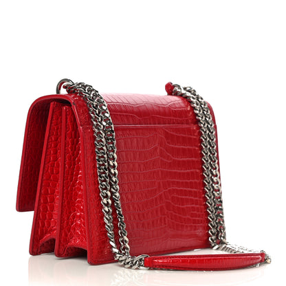 Saint Laurent Calfskin Crocodile Embossed Medium Monogram Sunset Rouge Eros 3 of 11