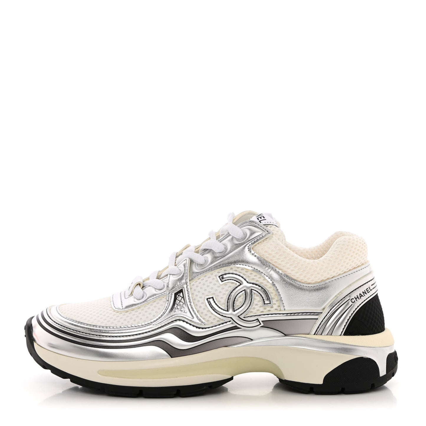 Fabric Laminated Calfskin Stretch CC Sneakers 37 White Silver