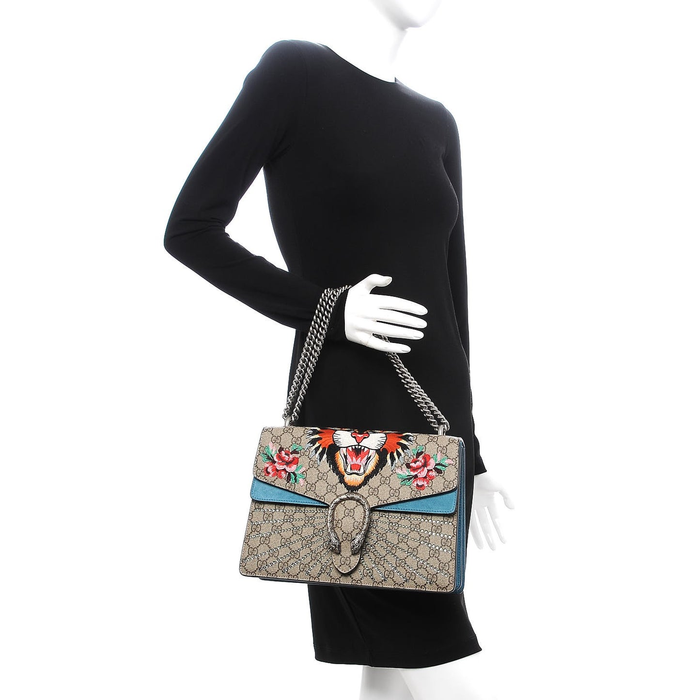 GG Supreme Monogram Angry Cat Embroidered Medium Dionysus Shoulder Bag Beige Ultramarine