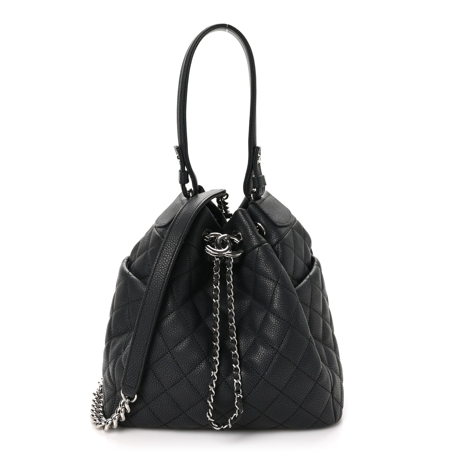 Caviar Flat Quilted CC Chain Bucket Drawstring Bag Black