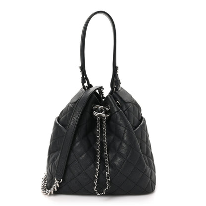 Chanel Caviar Flat Quilted CC Chain Bucket Drawstring Bag Black 1 of 10