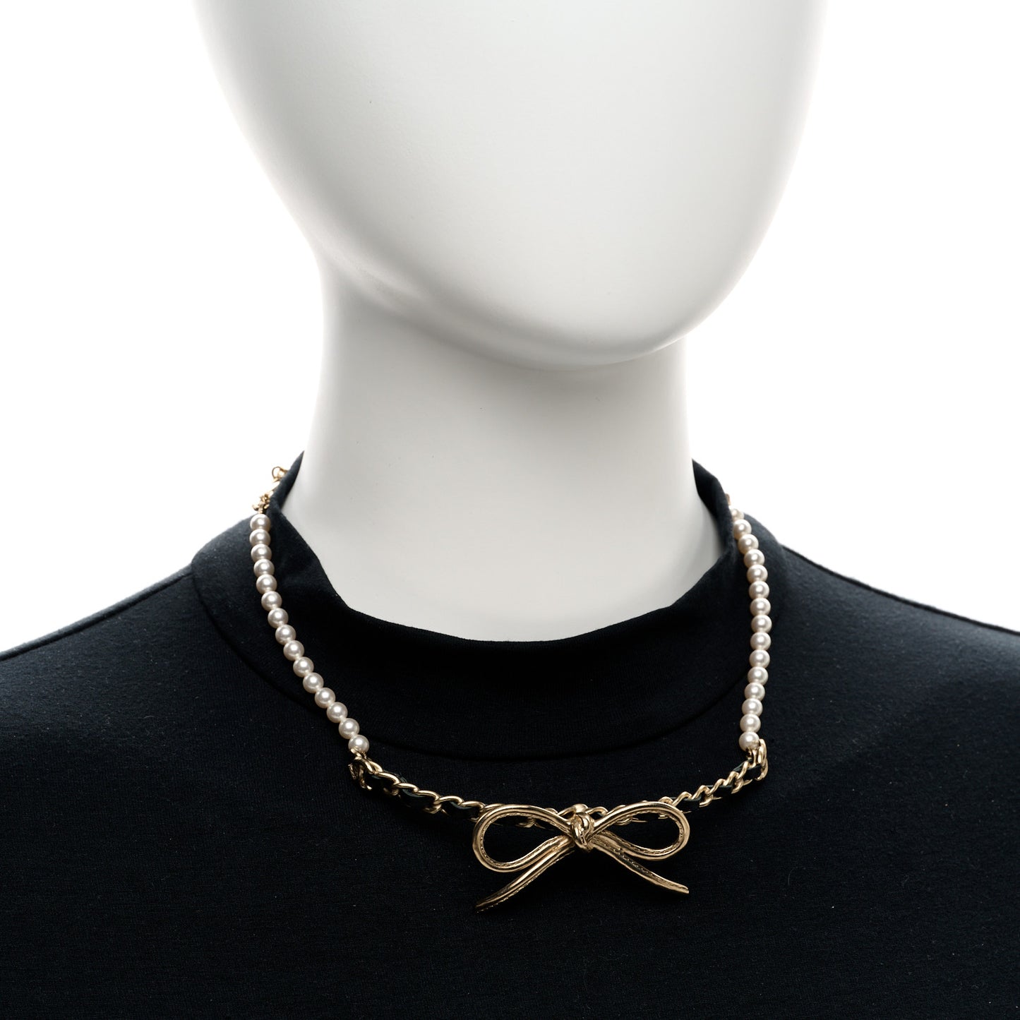 Calfskin Pearl Metal CC Bow Choker Necklace Gold White Black