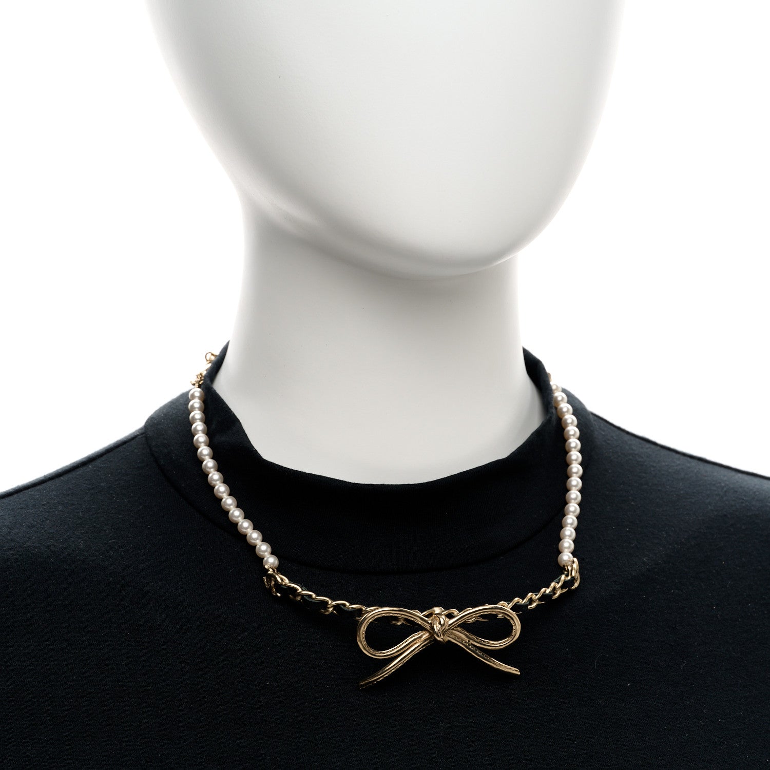 Chanel Calfskin Pearl Metal CC Bow Choker Necklace Gold White Black 2 of 5