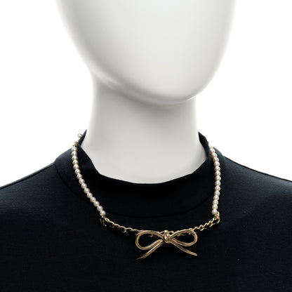 Chanel Calfskin Pearl Metal CC Bow Choker Necklace Gold White Black 2 of 5