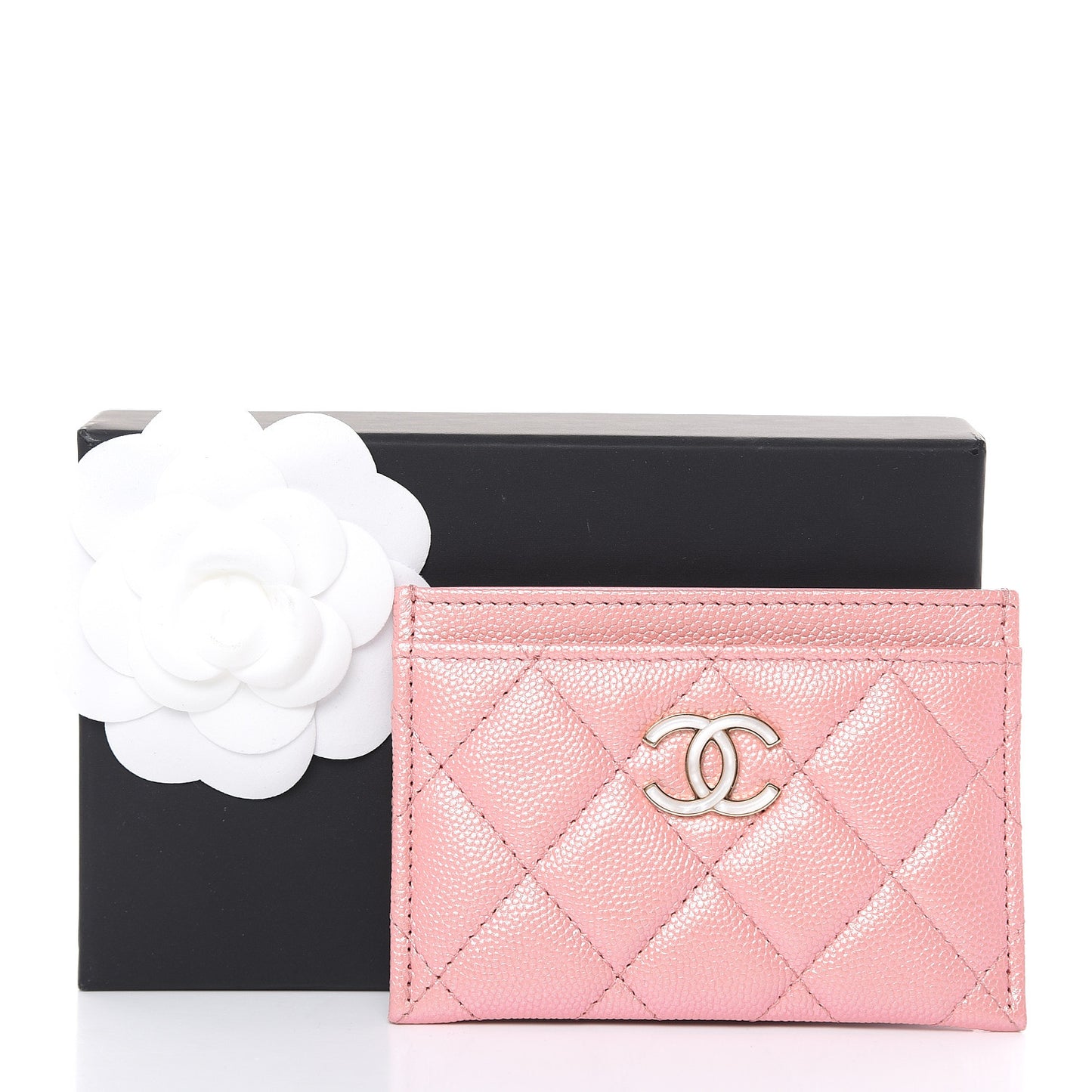 Iridescent Caviar Quilted Card Holder Pink