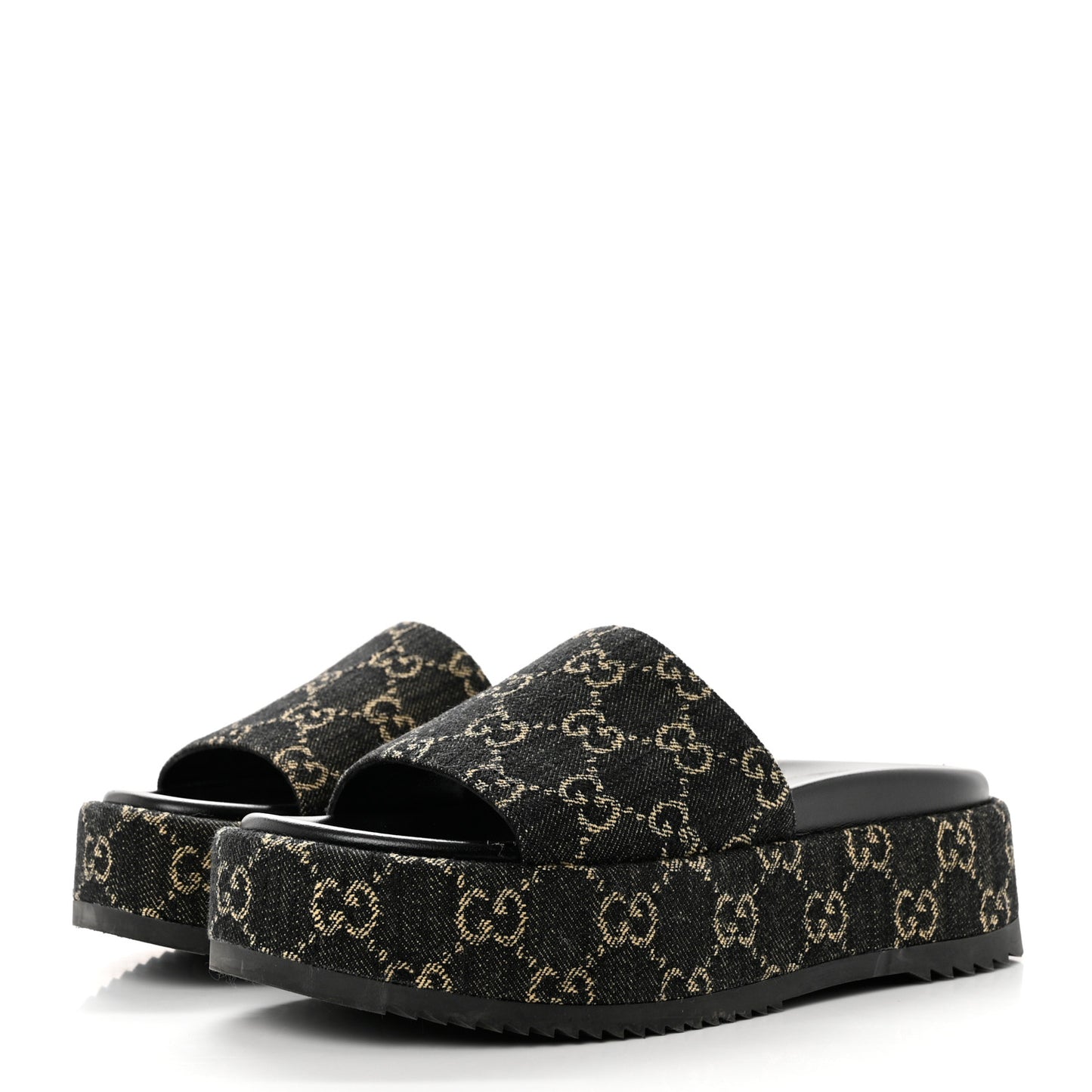 Jacquard Black Denim GG Monogram Angelina Platform 55mm Slide Sandals 37 Black Ivory
