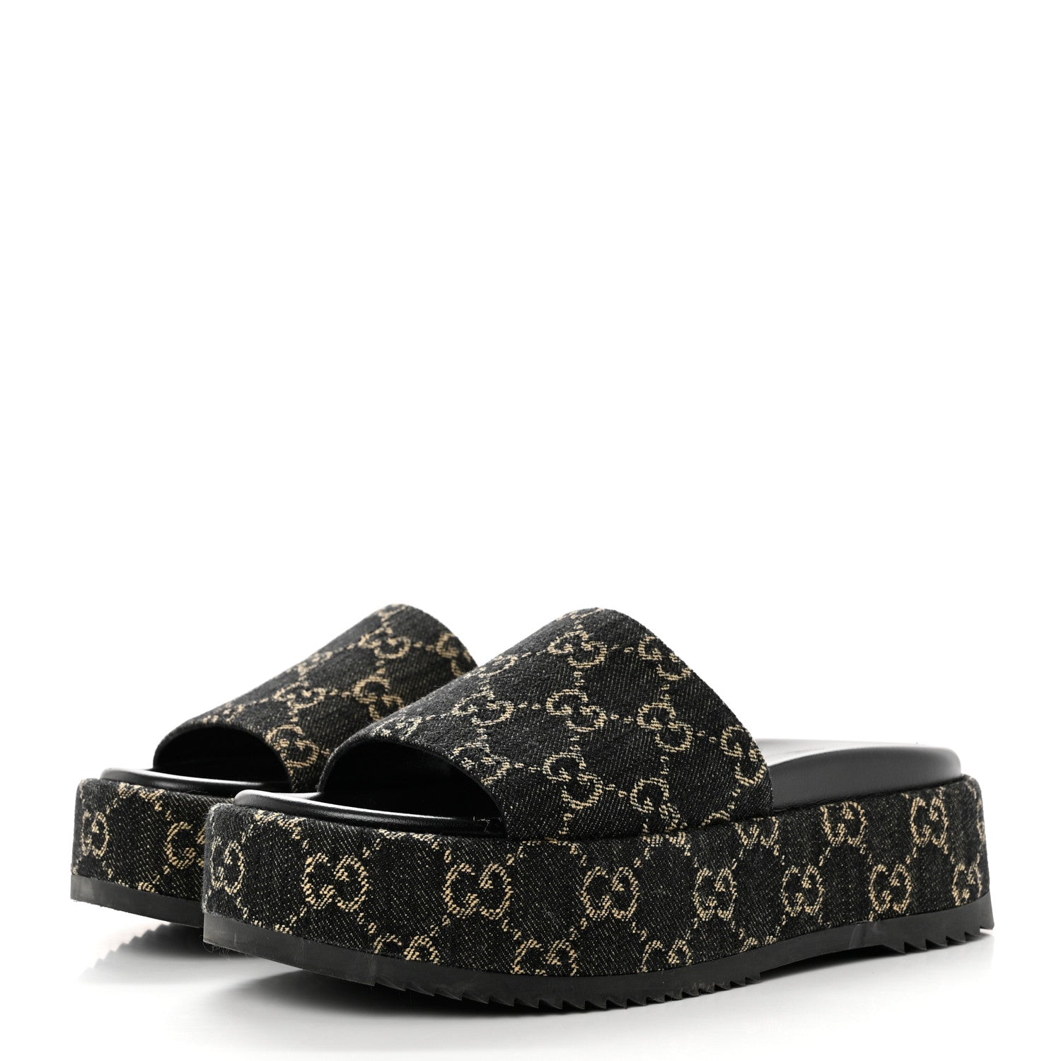 Gucci Jacquard Black Denim GG Monogram Angelina Platform 55mm Slide Sandals 37 Black Ivory 3 of 8