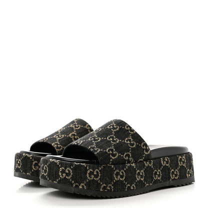 Gucci Jacquard Black Denim GG Monogram Angelina Platform 55mm Slide Sandals 37 Black Ivory 3 of 8