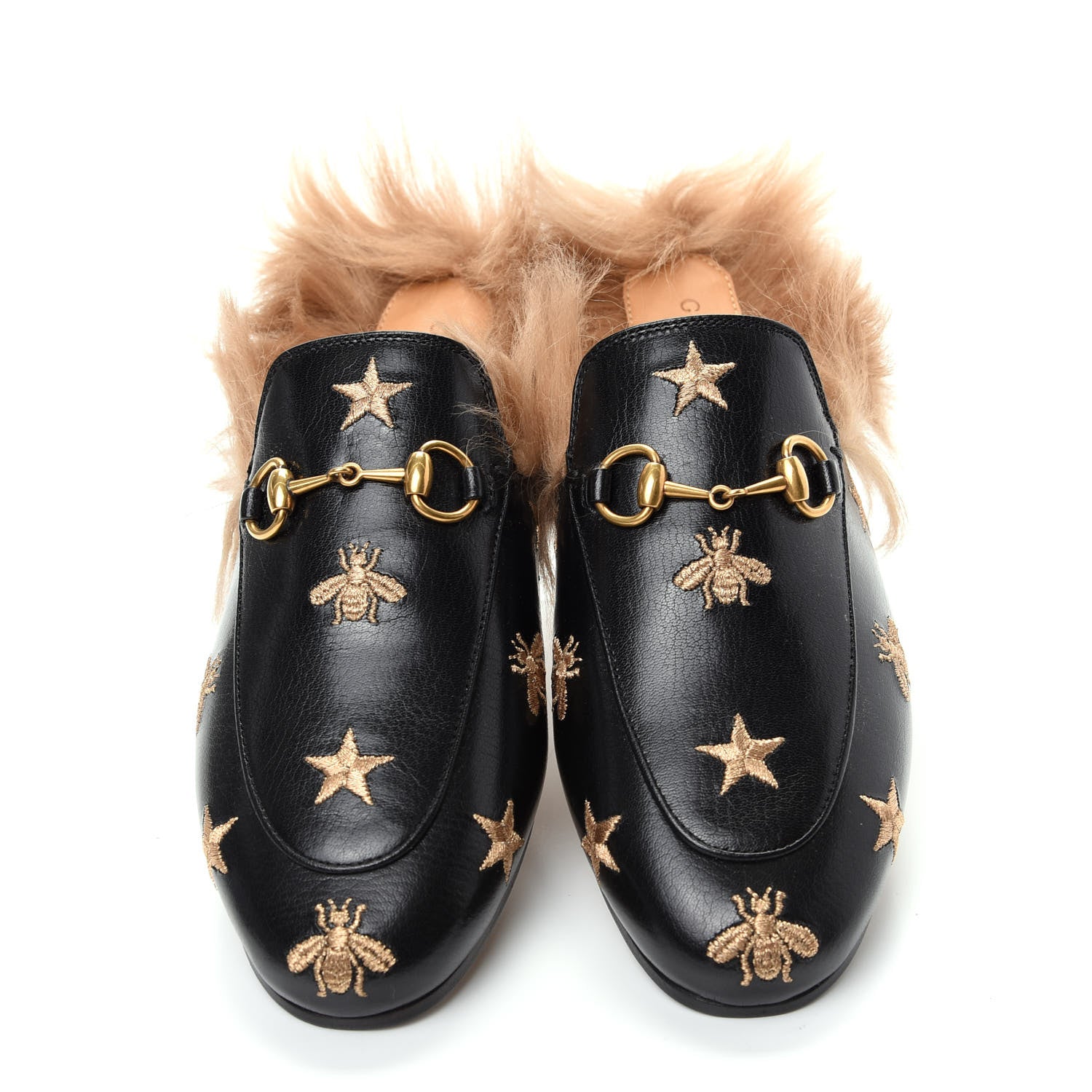Gucci Goatskin Fur Bee Star Embroidered Womens Princetown Slippers 36.5 Black 5 of 10