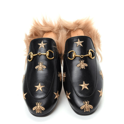Gucci Goatskin Fur Bee Star Embroidered Womens Princetown Slippers 36.5 Black 5 of 10