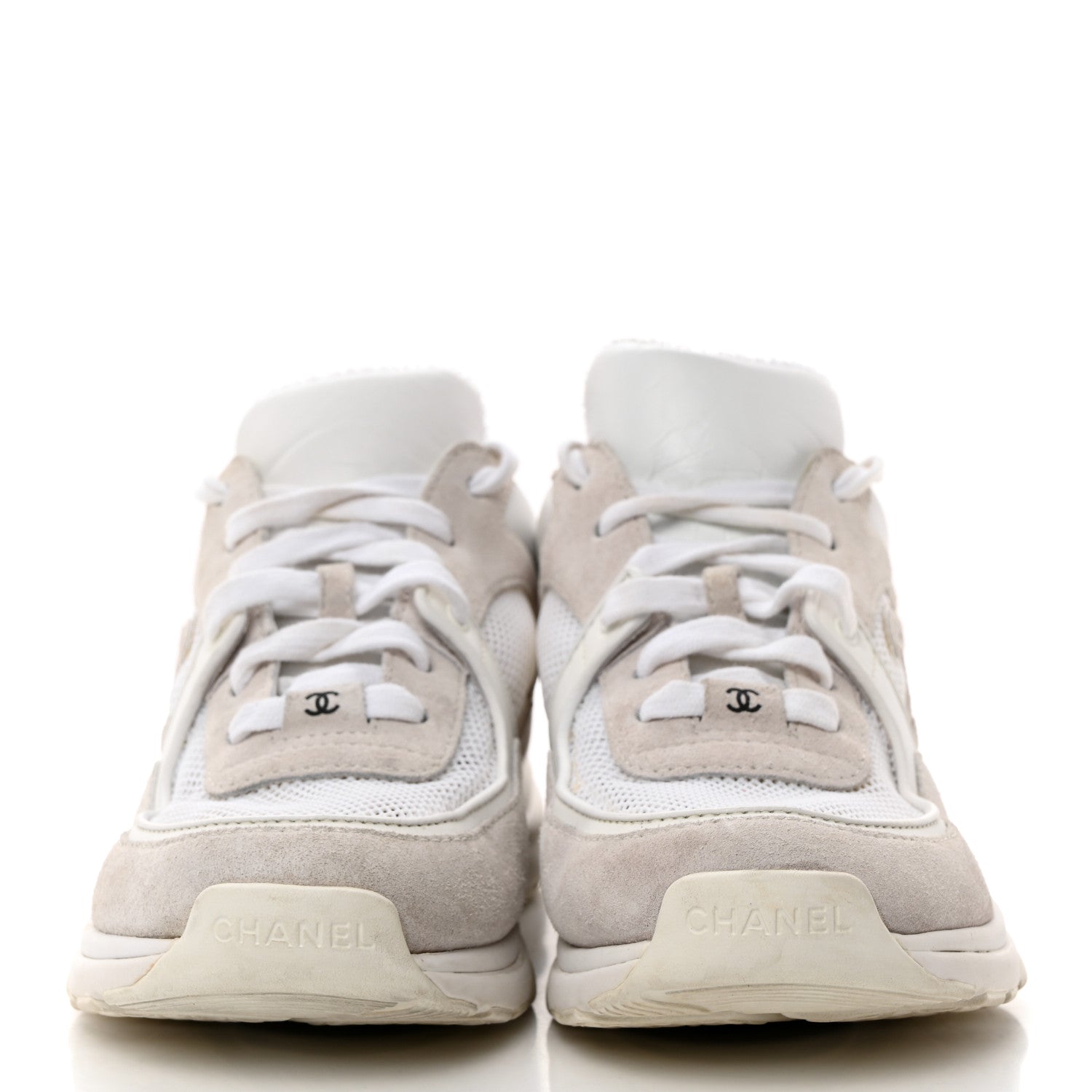 Chanel Mesh Suede Calfskin Grained Calfskin Womens CC Sneakers 39 White Grey 2 of 8
