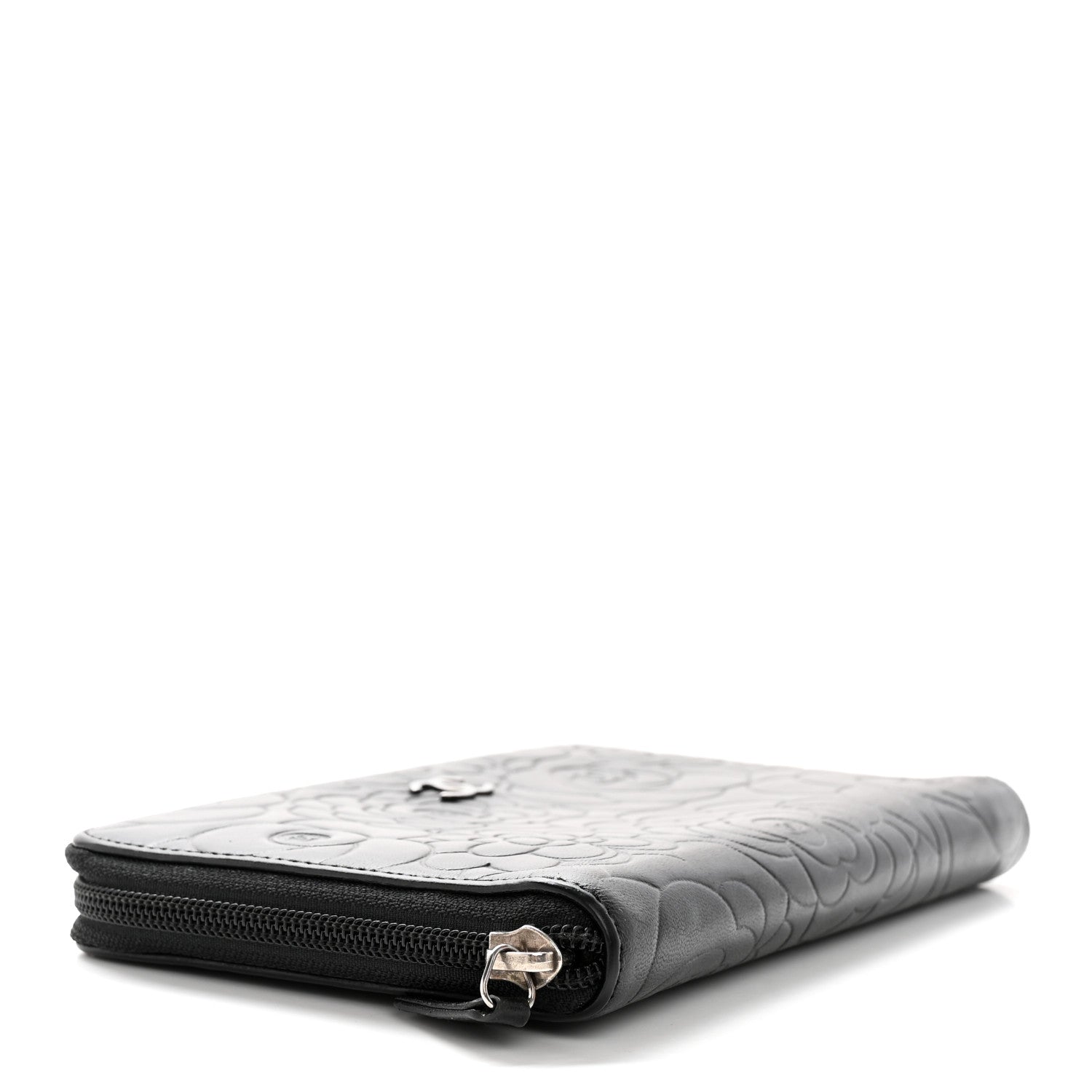 Chanel Lambskin Camellia Embossed Zip Around Organizer Wallet Black 4 of 16