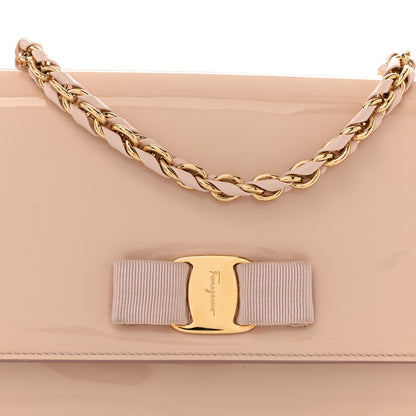 Salvatore Ferragamo Patent Calfskin Vara Bow Chain Flap Crossbody Beige 8 of 12