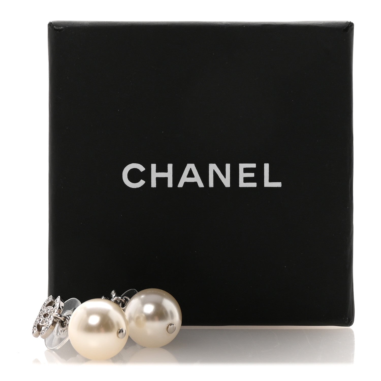 Chanel Crystal Pearl CC Drop Earrings Silver Pearly White 5 of 5