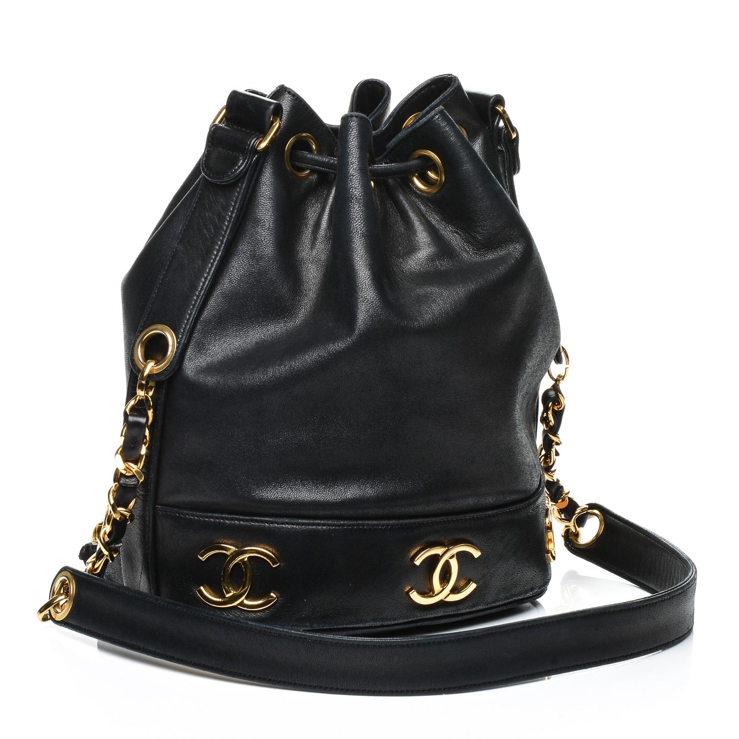 Lambskin CC Drawstring Shoulder Bag Black