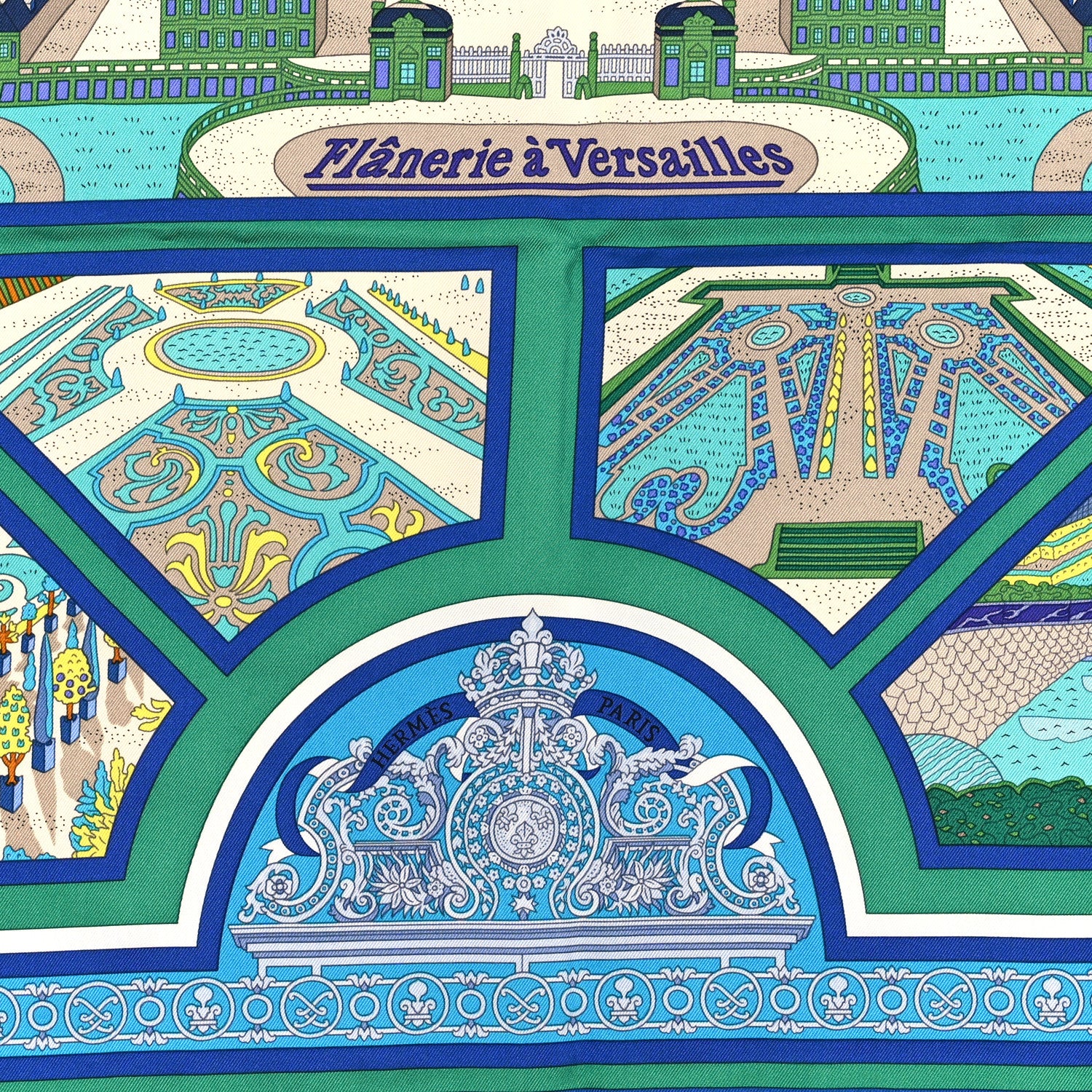 Hermes Silk Flanerie A Versailles Scarf 90 Bleu Roy Vert Jaune 2 of 3
