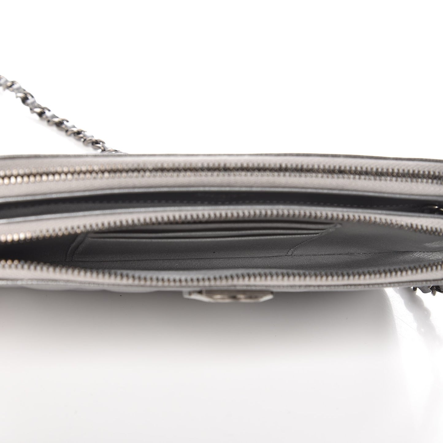 Metallic Caviar Quilted Small Boy Clutch With Chain Silver