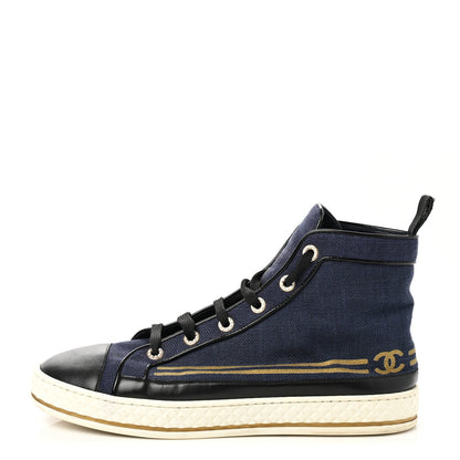 Chanel Fabric Lambskin Lace Up Cap Toe Sneakers 42 Navy Black 1 of 10