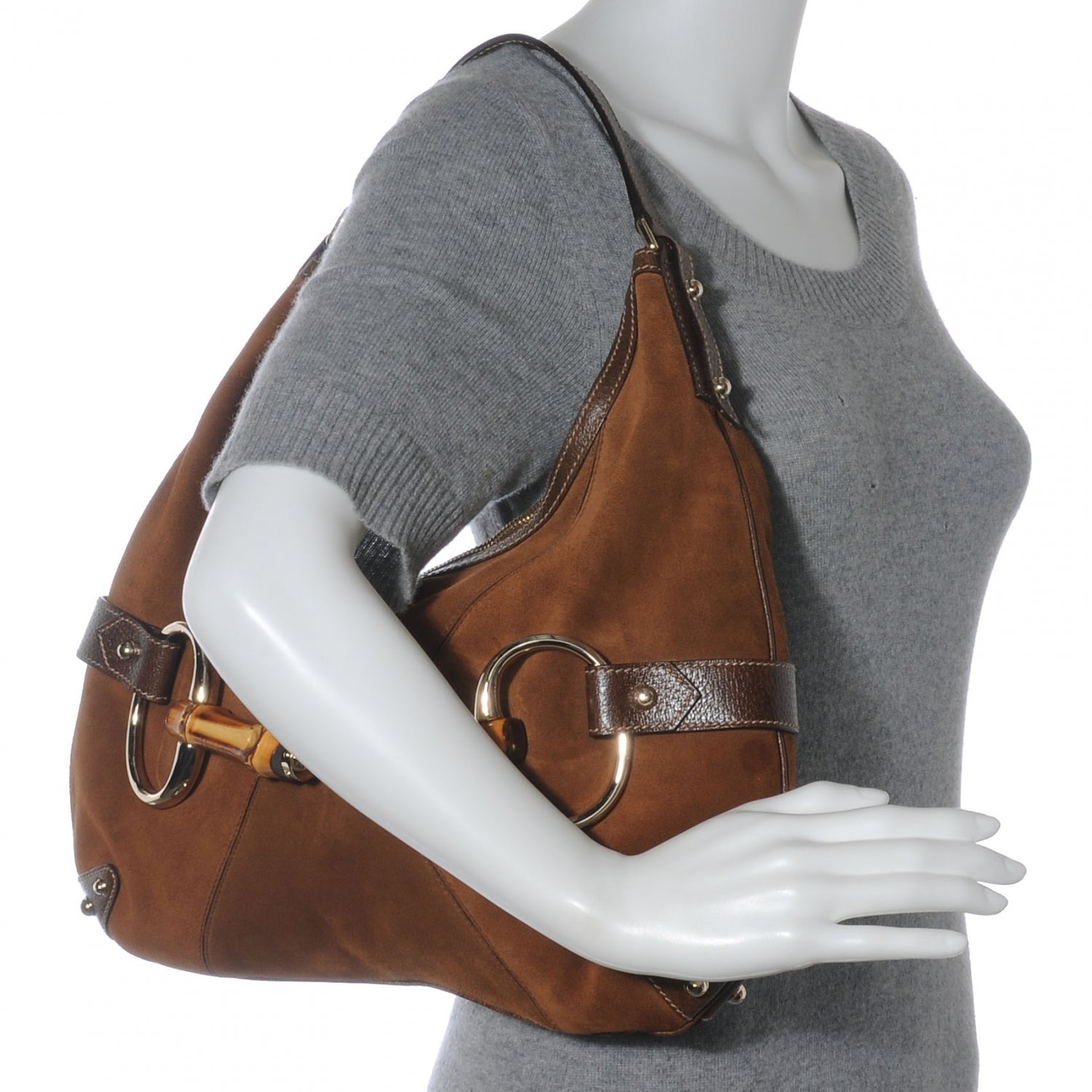 Gucci Suede Bamboo Horsebit Chain Hobo Brown 2 of 7
