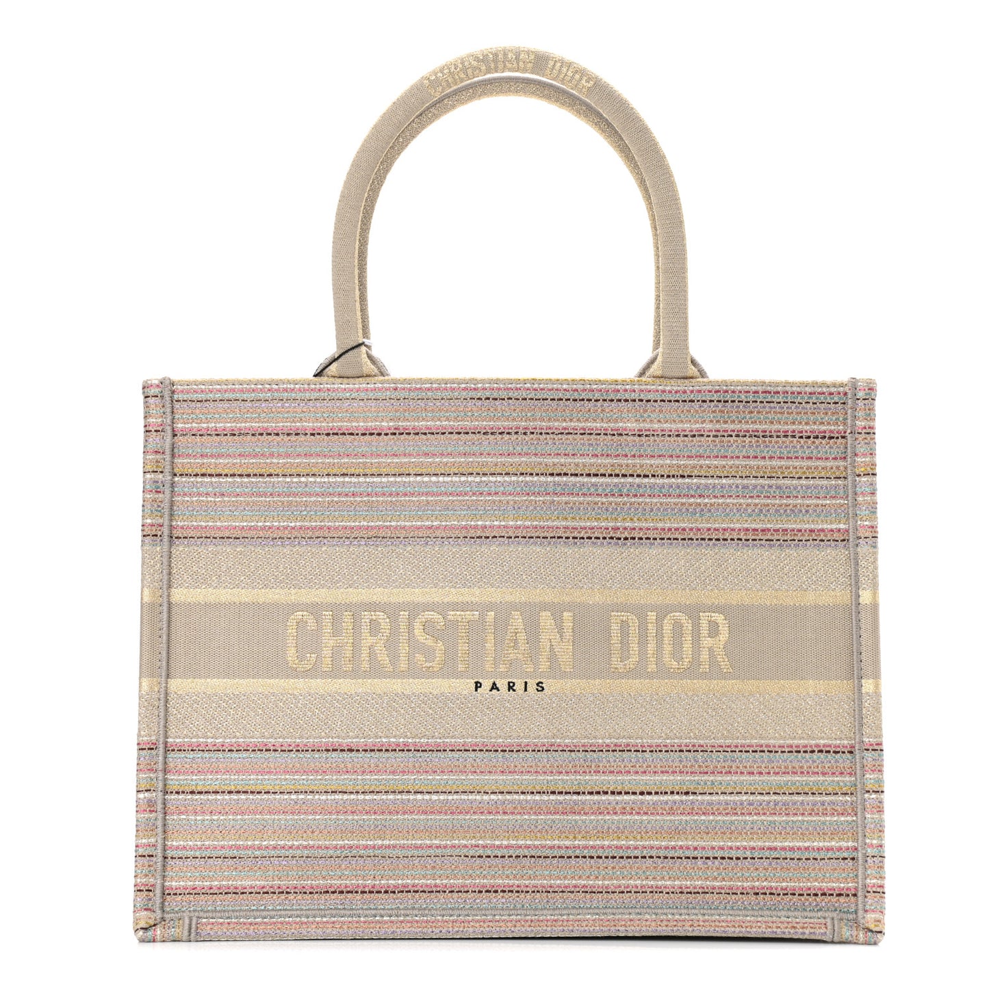 Canvas Embroidered Medium Stripes Book Tote Beige Multicolor