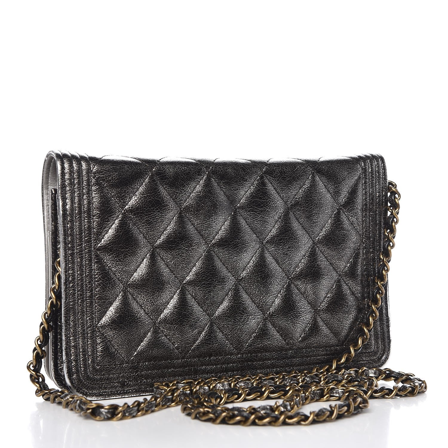Chanel Cracked Metallic Calfskin Quilted Boy Wallet On Chain WOC Dark Silver 3 of 12