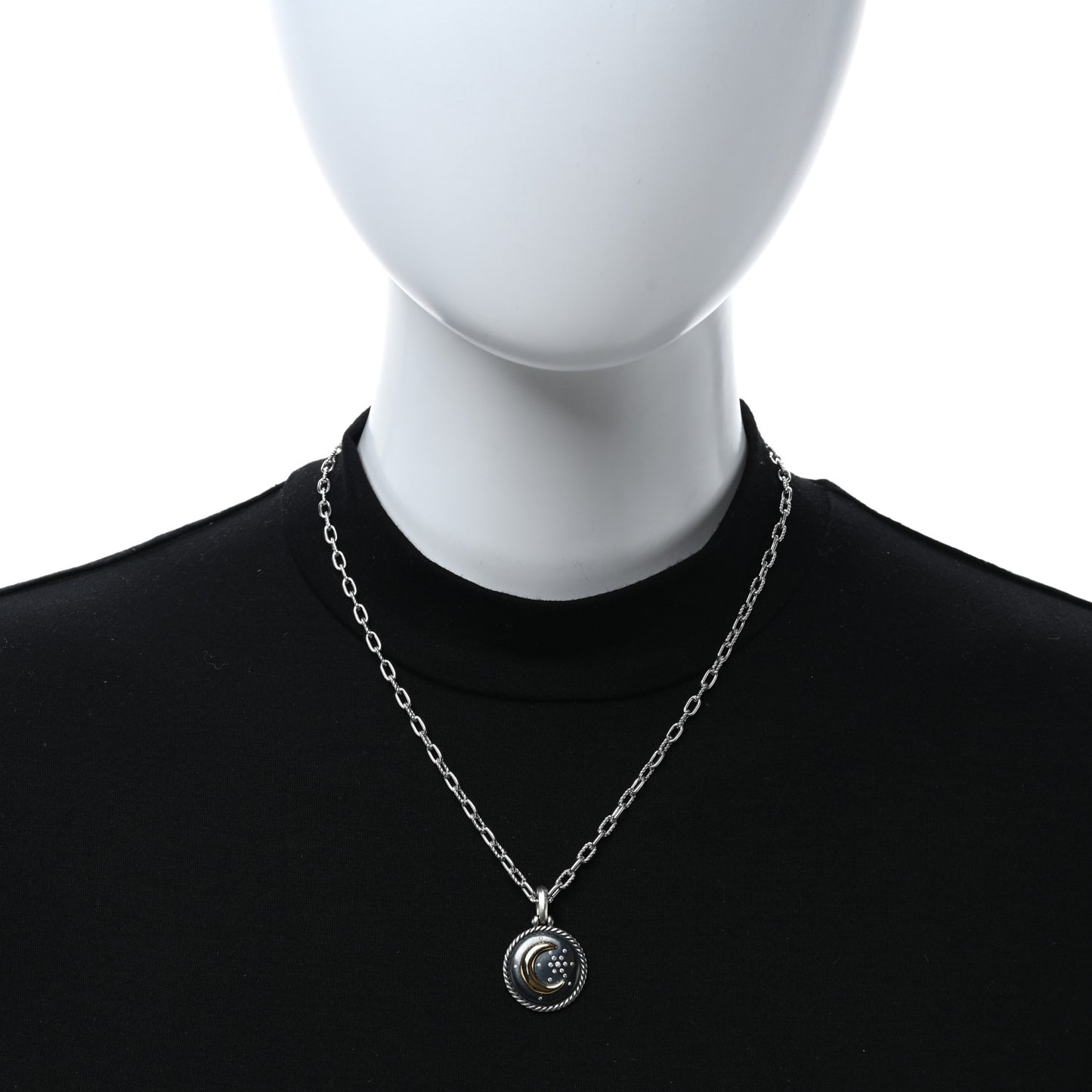 Sterling Silver 18K Yellow Gold Diamond Moon and Star Amulet 3mm Chain Necklace