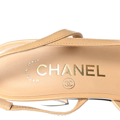 Chanel Goatskin Grosgrain Cap Toe CC Slingback Pumps 38 Beige Black 7 of 9