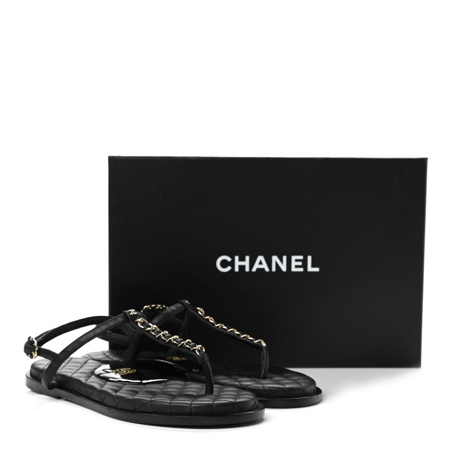 Lambskin Chain CC Logo Thong Sandals 38 Black