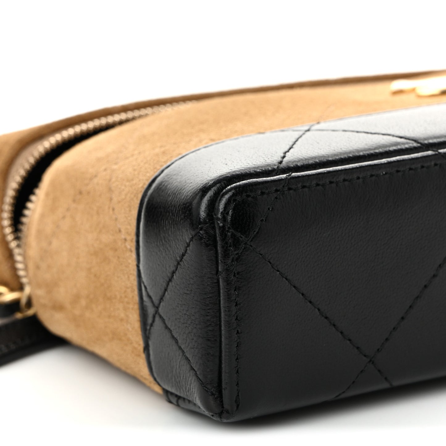 Suede Calfskin Shiny Lambskin Quilted Top Handle Slim Vanity Case With Chain Beige Black